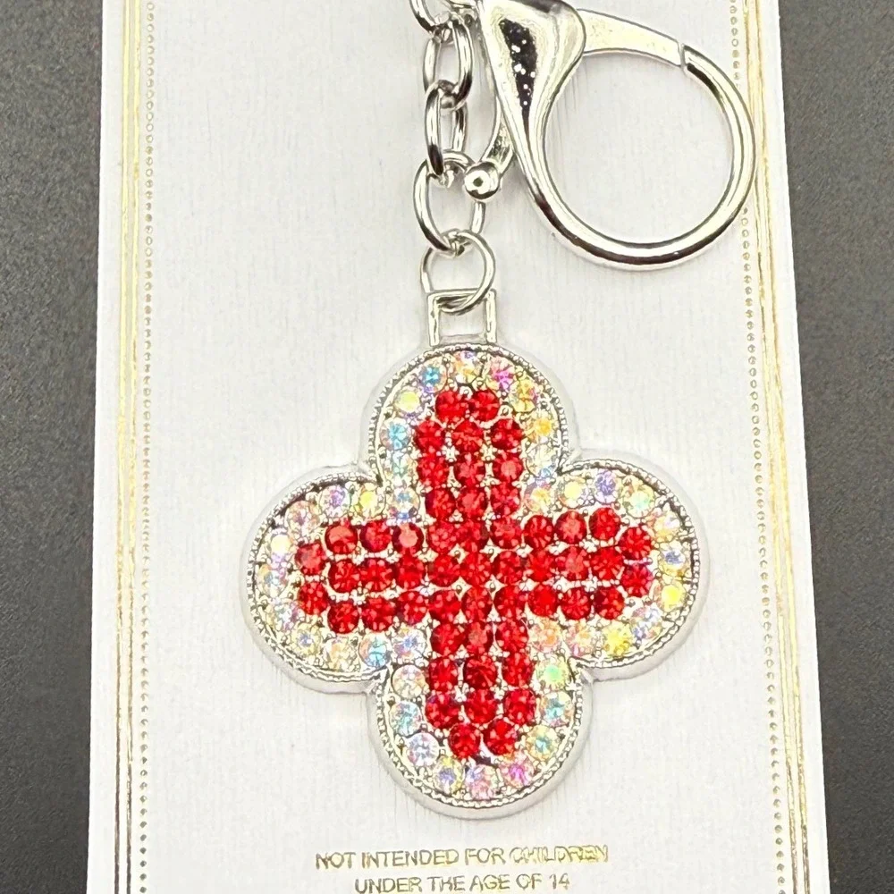 Rhinestone Red Cross Clover Keychain‎ Crystal Bag Charm Silver Gold Tone Bling